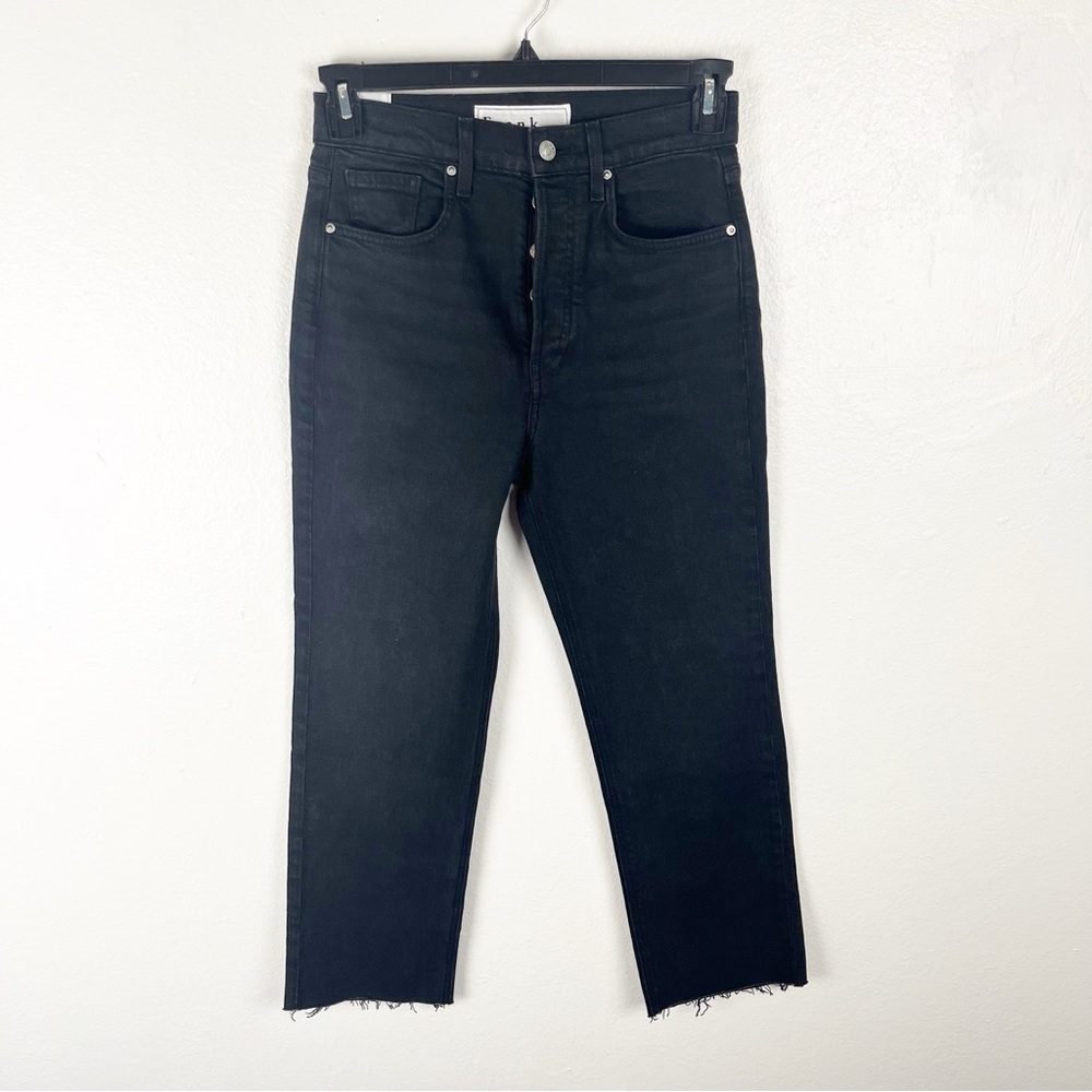 FRANK & EILEEN Monaghan Black High Rise Button Fly Frayed Hem Mom Jeans, Size 28